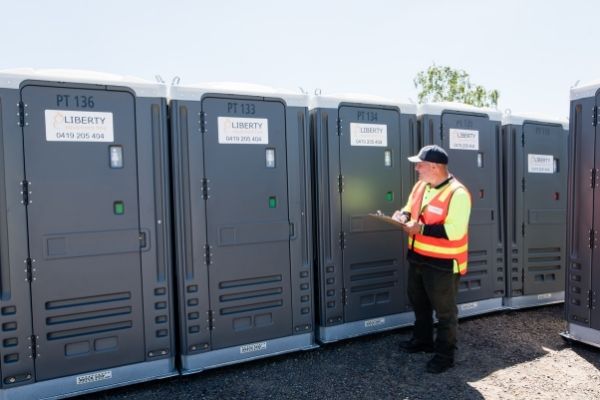 Inspecting Liberty Equipment Hire portable toilets